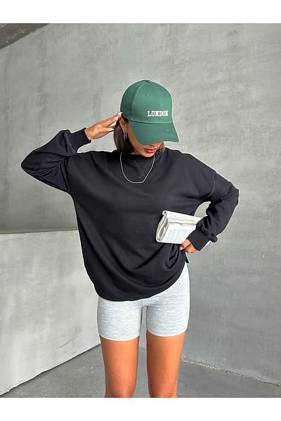 Look Forward Women's Black Stitching Detailed Oversize 3 Thread Sweatshirt