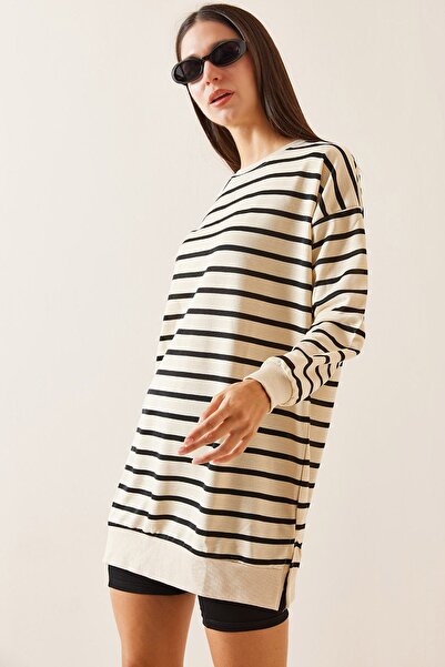 XHAN Siyah Bisiklet Yaka Çizgili Sweatshirt 5YXK8-48917-02