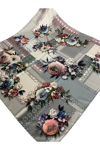 PİRAMİT EŞARPLARI 90cm x 90cm Eșarfă albastră Petrol cu ​​model floral imprimat digital piramidal - ES-43