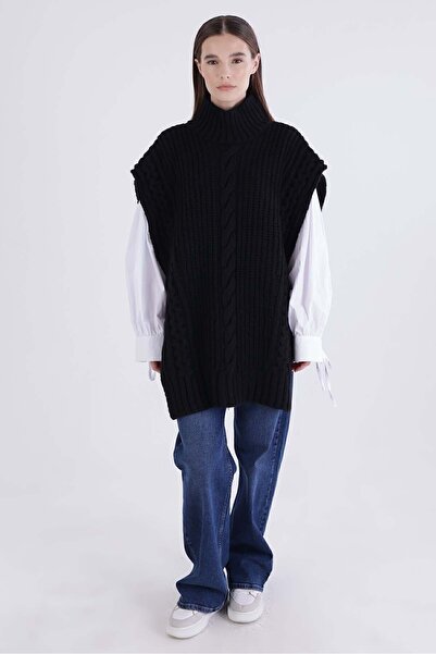 ALLDAY Siyah Saç Örgülü Balıkçı Yaka Süveter