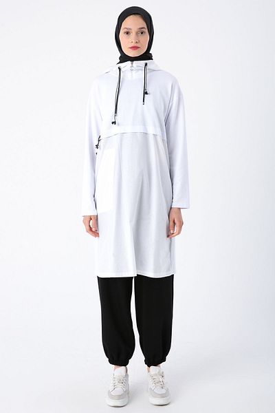 ALLDAY White Cotton Woven Garnished Hooded Sweat Tunic with Eyelet Detail
