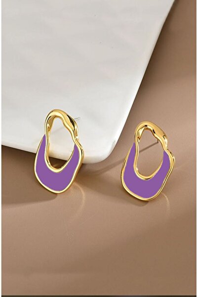 MRK Asimetrik Mor Mineli Altın Renk Küpe