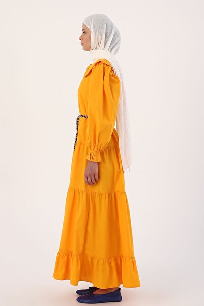 ALLDAY Dark Yellow 100% Cotton Baby Collar Frilly Belted Dress