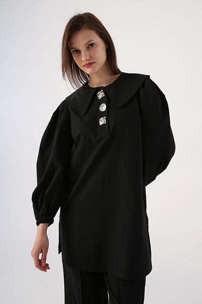 ALLDAY Black-Gold Buttoned Large Collar Trousers Suit