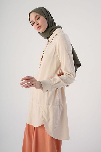 ALLDAY Ecru Shirt Collar Half Placket Slit Long Back Tunic