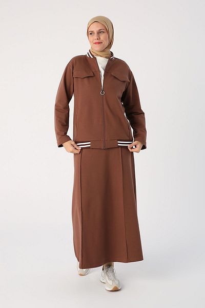 ALLDAY Brown Striped Ribbed Skirt and Short Cardigan Set