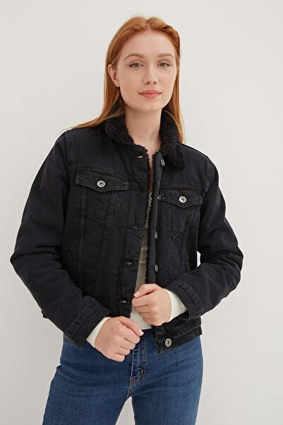 Fashion Friends İçi Kürklü Denim Ceket Siyah