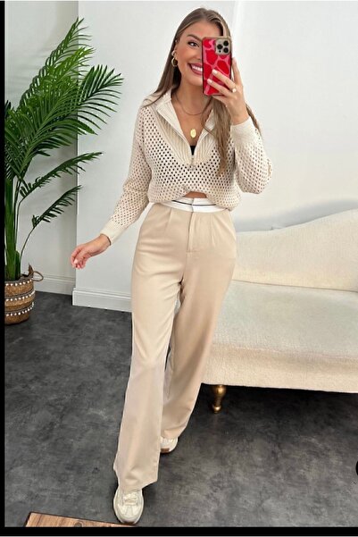 manana fashion Παντελόνι Palazzo με εξαιρετικά ψηλόμεσο κρεμ χρώμα με λεπτομέρεια ζώνης