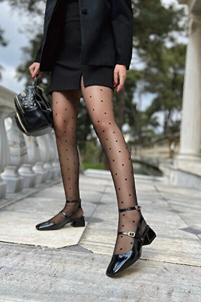 POLKA STORE Black Patent Leather Women's Mary Jane Open Back Square Toe Short Block Heeled Shoes