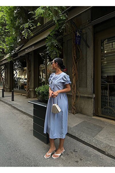 manana fashion Ice Blue Poplin Φιόγκος Λεπτομέρεια Ειδικού Σχεδιασμού Κοντό μανίκι μακρύ φόρεμα