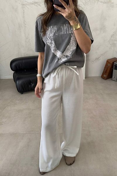 manana fashion Pantaloni albi Palazzo cu talie înaltă, cu șireturi