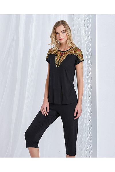 CAROLINE Costum Capri cu umăr dezactivat din dantelă cu guler Viscose