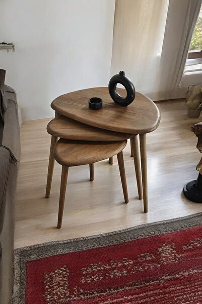 BAUPOR Doğal Ahşap Zigon Sehpa, Masif 3'lü Set, Modern Masif Yan Sehpa