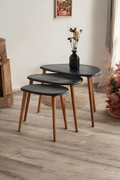 BAUPOR Doğal Ahşap Zigon Sehpa, Masif 3'lü Set, Modern Masif Yan Sehpa