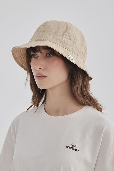 Nordbron Unisex Cream Linen Embroidered Logo Detailed Bucket Hat 100% Cotton Lined Anti-Sweat Nolasco