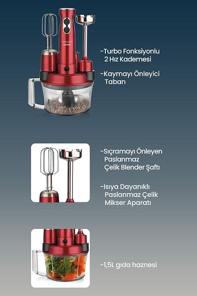 GOLDMASTER Elenamax Cherry Red 1000 Watt Speed Adjustable 100% Copper Motor 5 In 1 Food Processor Multi Blender Set