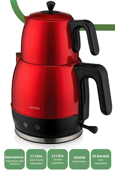 GOLDMASTER Fulya Red 30 Cup Large Capacity 2200 Watt Stainless Steel Tea Maker and Kettle