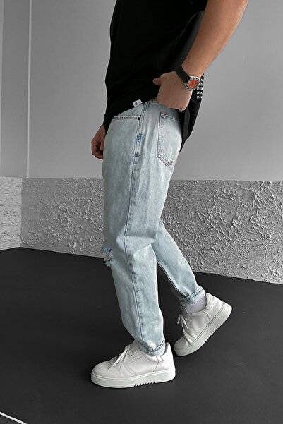 Genel Markalar Boyfriend Buz Mavisi Renk Diz Yırtık Model Rahat Kalıp Kot Pantolon