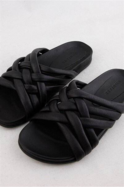 NILUFARR Misha Чорні жіночі тапочки з натуральної шкіри з перехресними ремінцями