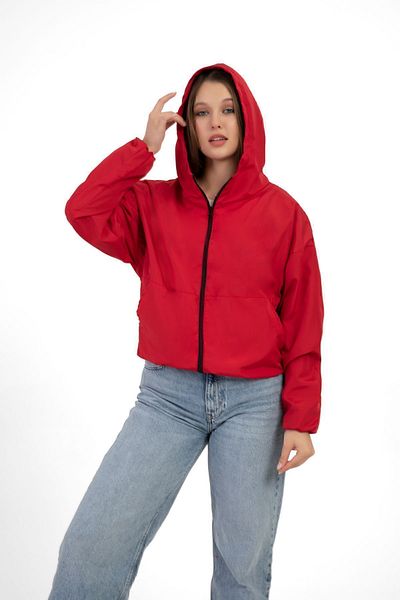 Montland Women's Red Hooded Water and Windproof Pocket Lined Oversize Raincoat