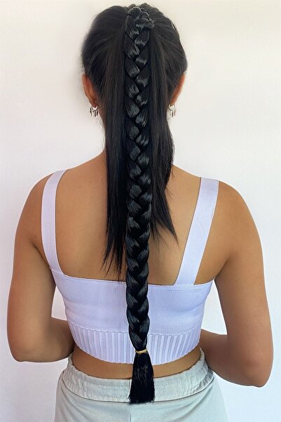 AKOLİFE Siyah Renk Takma Lastik Tokalı Örgü At Kuyruğu Saç