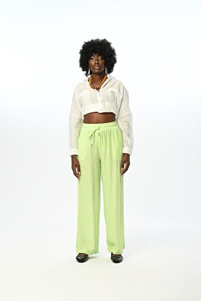 Orfeo Negro KADIN BELİ LASTİKLİ BOL PAÇA İNCE ÇİZGİLİ DÜZ RENK PANTOLON