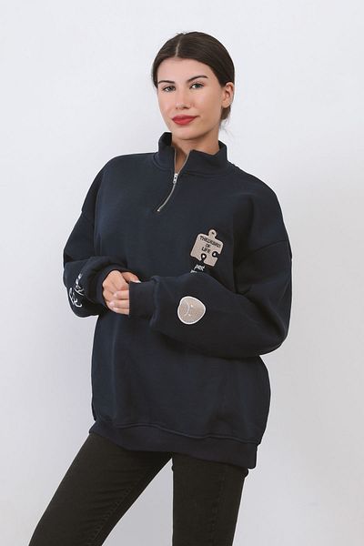 GİYSA Hanorac oversize pentru femei cu broderie albastru bleumarin - Jumătate cu fermoar, amestec de bumbac - 9009