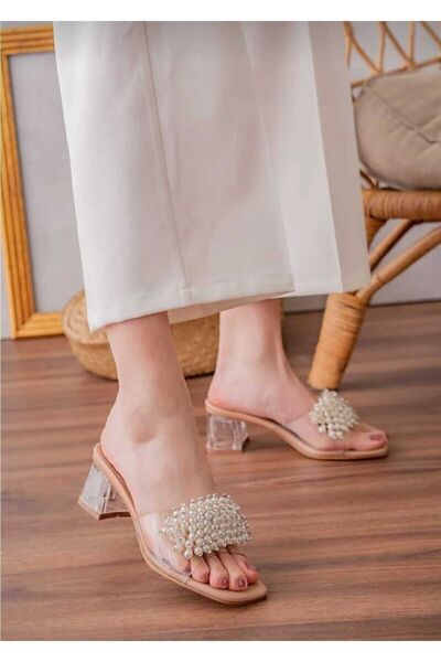 Bilalim Shoes AYL-01 дамски пантофки с камъчета, прозрачни, с ток 5 см, стилн...