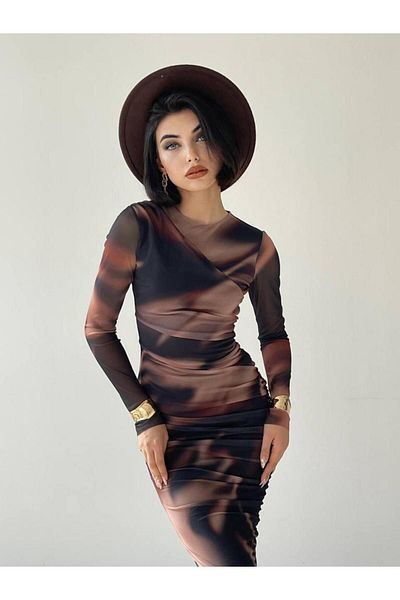 MOVELLA FASHİON New Season Draped Dress Patterned Tulle Dress Midi Dress