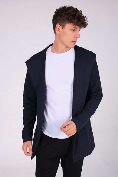 THE RULE Men's Navy Blue Regular Fit Hooded Long Poncho Cardigan