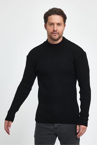 THE RULE Men's Black Half Turtleneck Ribbed Patterned Non-Pilling Regular Fit Knitwear Sweater