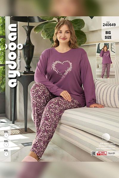 Aydoğan Women's Pearl Plus Size Heart Dried Rose Pajama Suit 0649