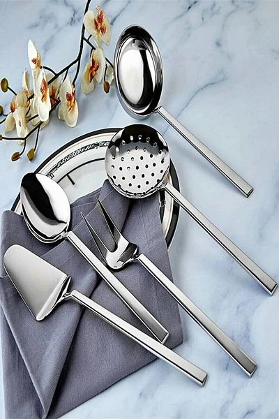 MELYET 5-Piece Luxury Practical Kitchen Set - Steel Plain Serving, Ladle, Colander, Spoon Fork and Spatula