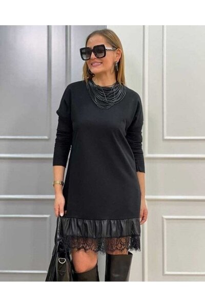 TUA MODA فستان نسائي من TUA FASHION بأكمام طويلة ورقبة دائرية وحاشية من الجلد...