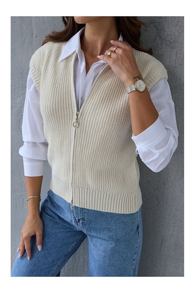 Elif Özbey Butik Beige Sweater - Zippered Design