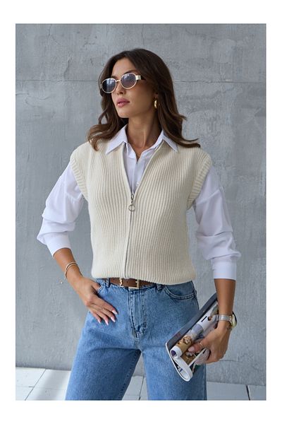 Elif Özbey Butik Beige Sweater - Zippered Design