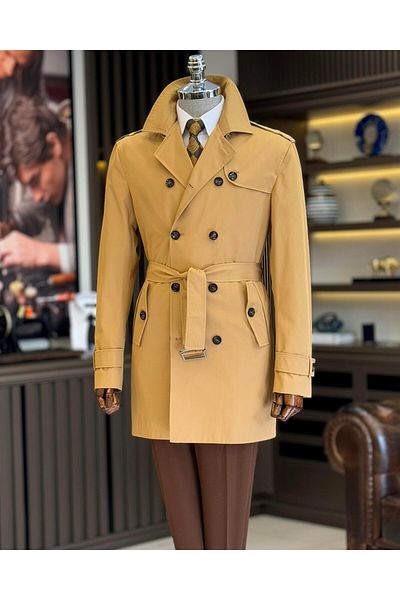 TerziAdemAltun Italian Style Slim Fit Seasonal Men's Trench Coat Beige T4978
