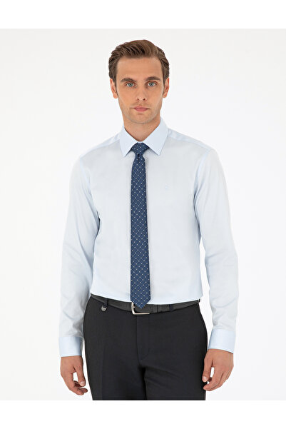 Pierre Cardin Light Blue 100% Cotton Shiny Satin Slim Fit Long Sleeve Basic S...
