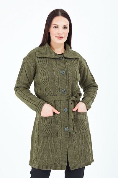 Elçelya Moda Women's Khaki Green Collar Buttoned Pocket Belted Knitted Knitwear Wool Long Cardigan