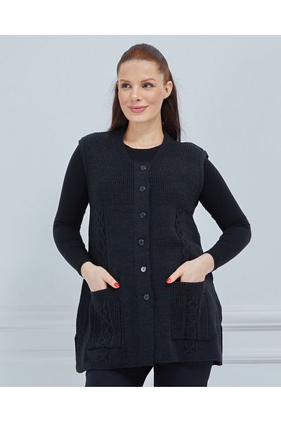 Elçelya Moda Women's Black Round Neck Knitwear Buttoned Winter Wool Vest with Pockets