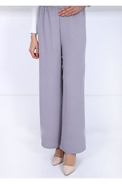 Elçelya Moda Women's Gray Elastic Waist Ayrobin Fabric Wide Leg Large Size Pants