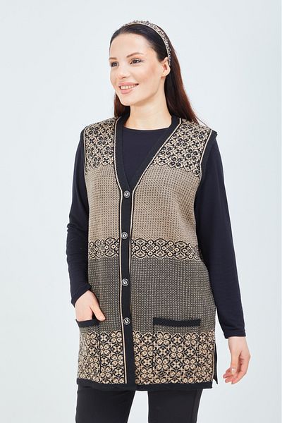 Elçelya Moda Дамски къс плетен елек с шарка от норка и джобове, зимен, закопчан с копчета