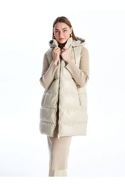 LC Waikiki Lw - Hooded Plain Leather Look Women's Puffer Vest