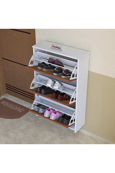 Modilayn MİHRA 72 X 112 X 25,5 cm Düşer Kapaklı 3 Katlı Ayakkabılık -Ceviz