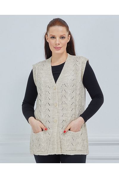 Elçelya Moda Γυναικείο Πλεκτό Γιλέκο Μητρικό Πλεκτό Γυναικείο Κρεμ με λαιμόκοψη με πλεκτή τσέπη