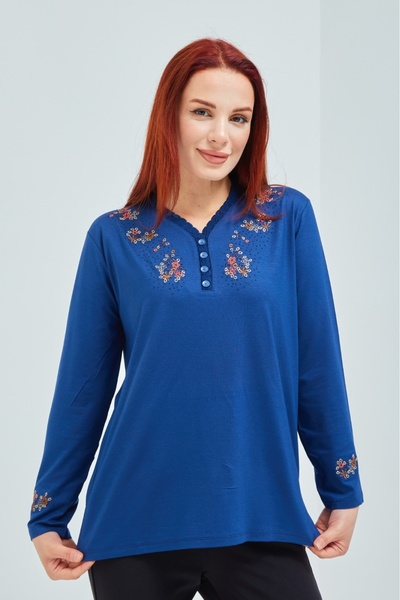 Elçelya Moda Women's Indigo Blue V-Neck Buttoned Floral Lycra Mother's Combed Cotton Blouse