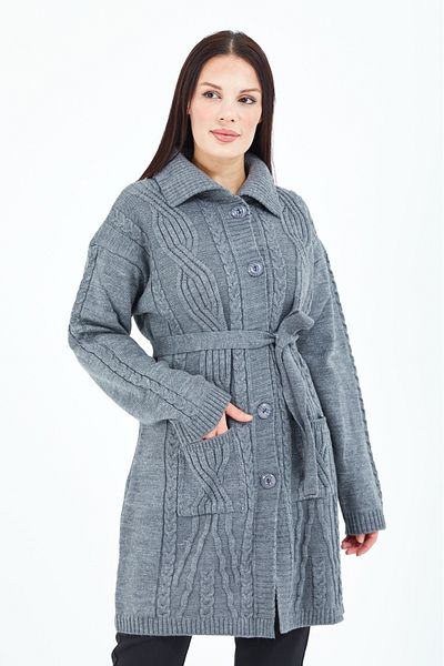 Elçelya Moda Cardigan lung de lână tricotat cu curea, cu guler gri, cu nasturi