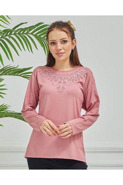 Elçelya Moda Γυναικεία Πούδρα Κεντημένη Καθημερινή Μεσήλικας Μητέρα Χτενισμένη Βαμβακερή Μπλούζα