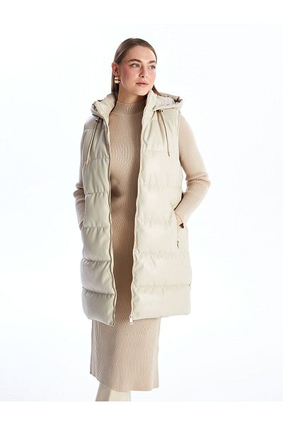 LC Waikiki Lw - Hooded Plain Leather Look Women's Puffer Vest