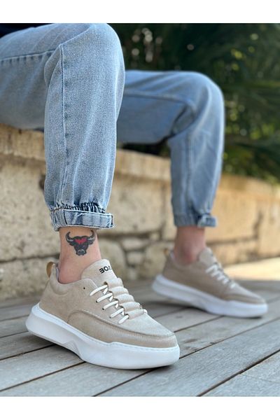 BOA BA0332 - Men's High-Sole Cream Suede Sneakers, Ladder Pattern and Lace-up